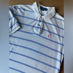 Men's Polo Ralph Lauren Large White Blue Striped  100% Cotton Short Sleeve Golf‎
